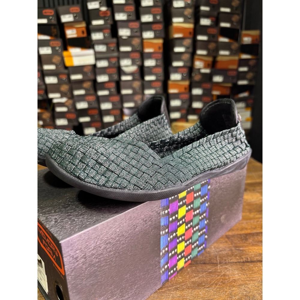 Bernie Mev Catwalk Deep Green Shimmer Woven Flats Size 37 US 6.5